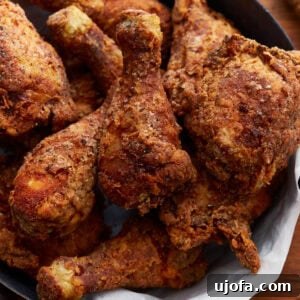 Crispy golden brown gluten-free fried chicken stacked in a paper towel lined black skillet. The skillet is resting on a wooden surface.