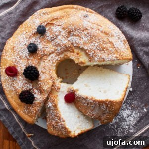 gluten-free angel food cake sliced on a grey towel sprinkled with powdered sugar and a few berries.