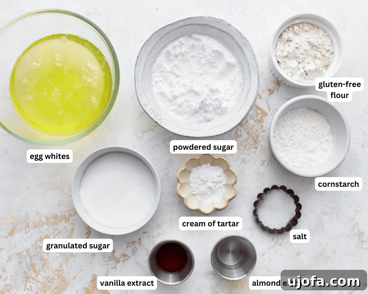 All ingredients laid out for making gluten-free angel food cake, including eggs, sugar, flour, and extracts.