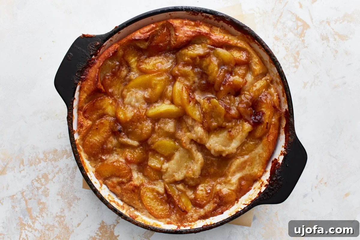 Heavenly Gluten-Free Peach Cobbler 10 A close-up of a perfectly golden brown peach cobbler baked in a black skillet, showcasing its caramelized edges and bubbling peach filling, just out of the oven.