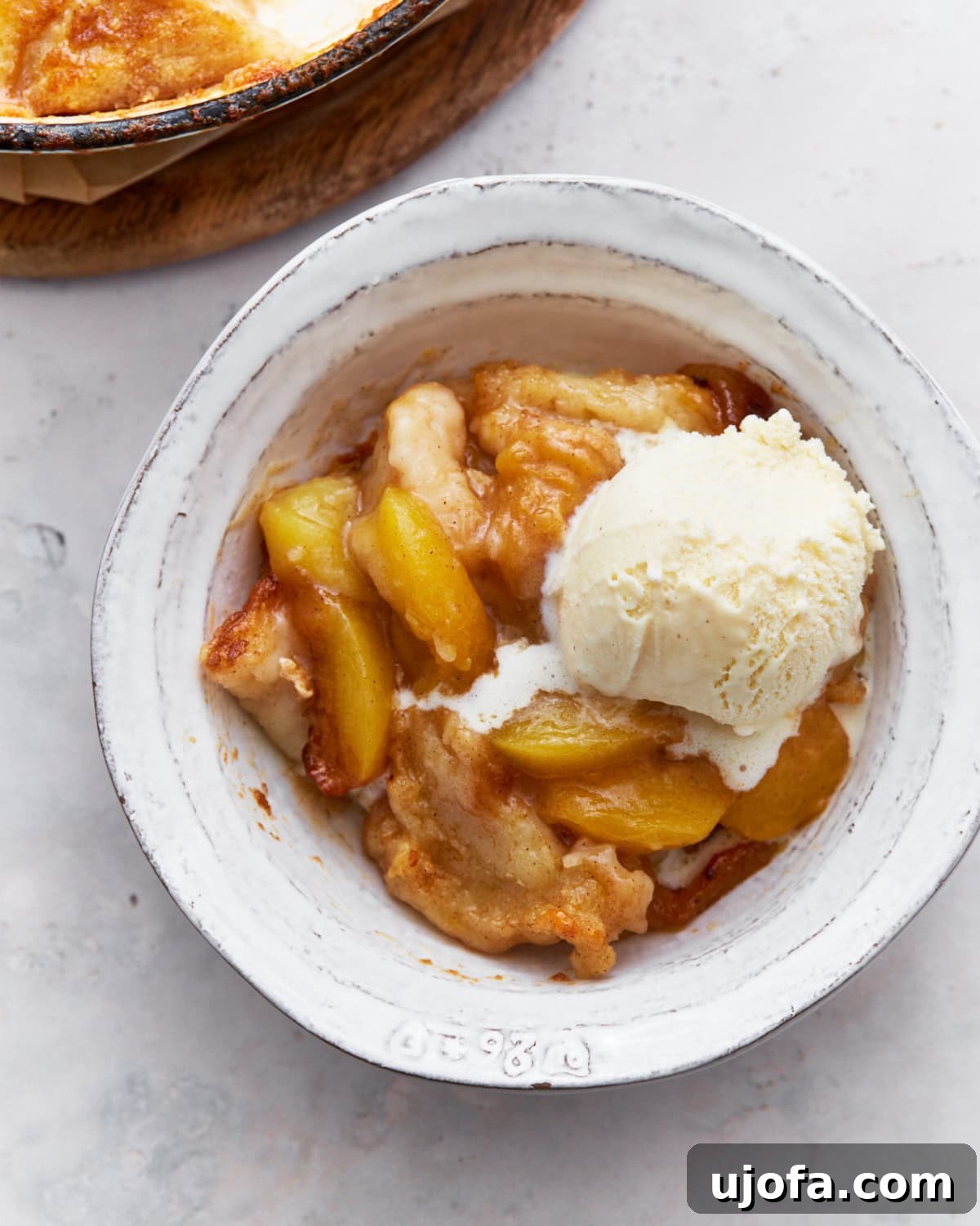 Heavenly Gluten-Free Peach Cobbler 12 A generous serving of peach cobbler presented in a white bowl, elegantly topped with a scoop of melting vanilla ice cream. The cobbler features vibrant, juicy peaches and a soft, golden, cake-like crust.