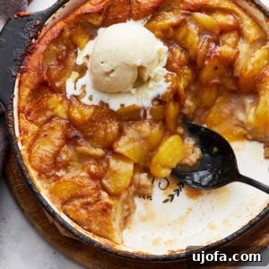 A close-up of a baked peach cobbler in a black skillet with a scoop of melting vanilla ice cream on top. The golden peaches and caramelized edges create a warm and inviting texture.