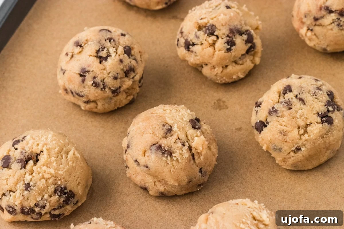 Guilt-Free Gluten-Free Cookie Dough 10 Close-up of gluten-free edible cookie dough balls on a parchment-lined baking sheet, ready to chill or serve.