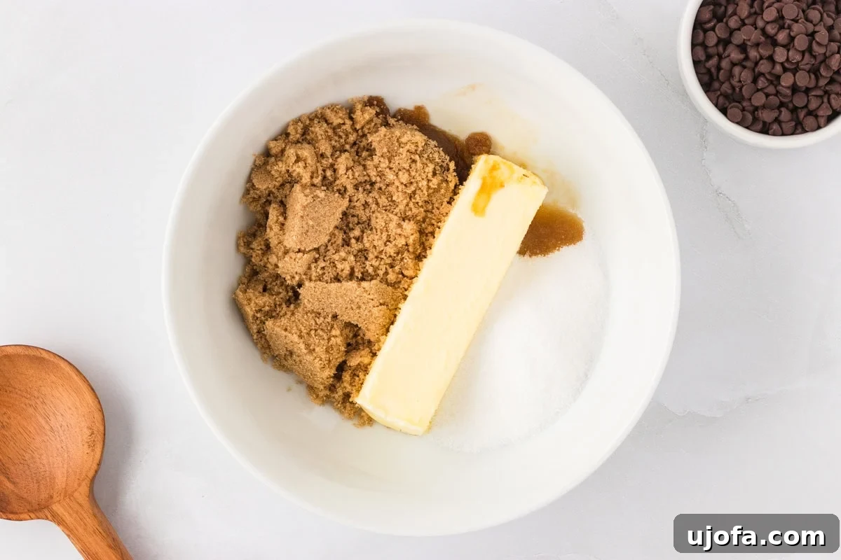 Guilt-Free Gluten-Free Cookie Dough 6 Mixing bowl with softened butter, brown sugar, granulated sugar, and vanilla extract ready to be creamed together.