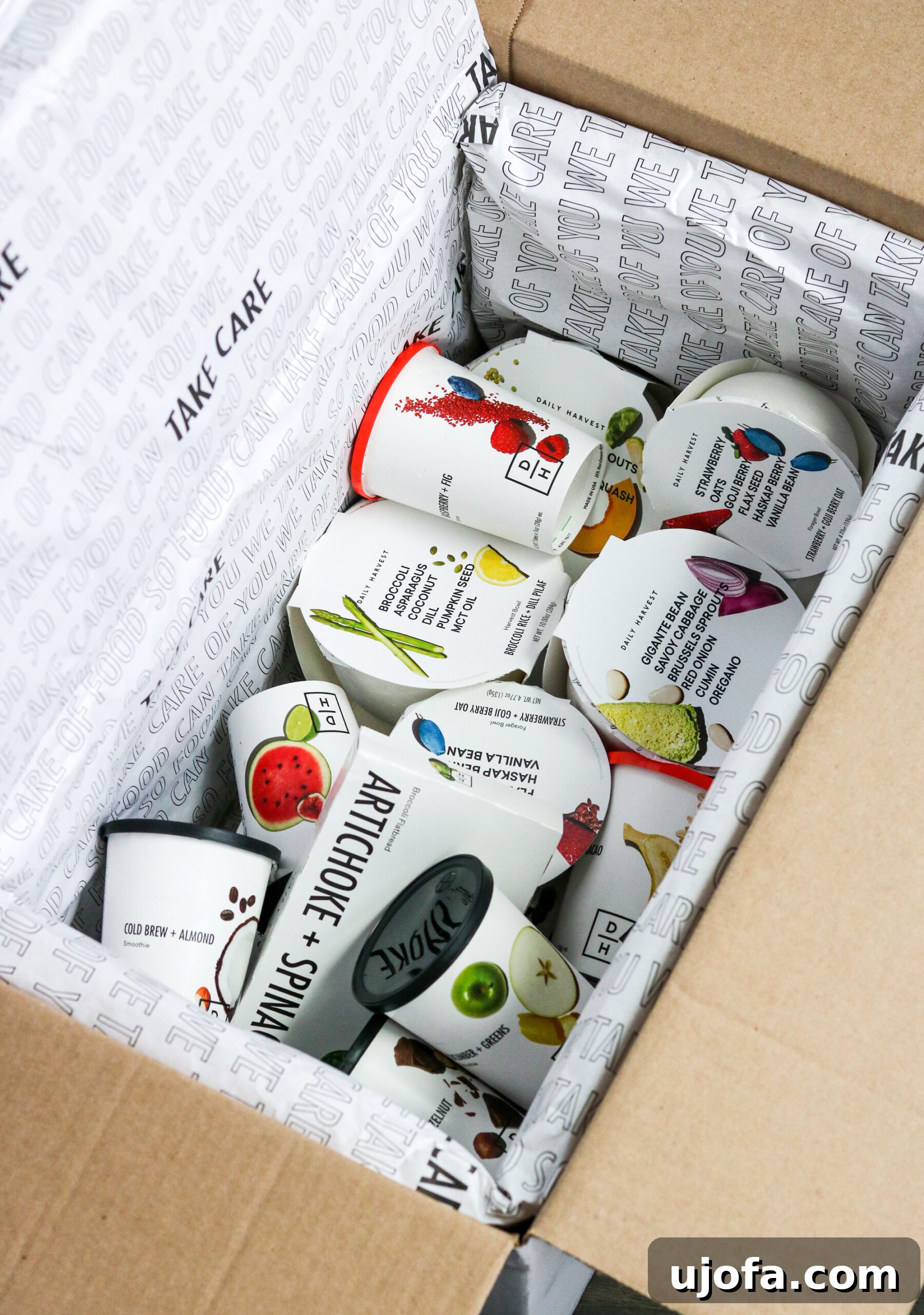 A box of vibrant Daily Harvest products, including smoothies and harvest bowls, freshly delivered and ready to enjoy.