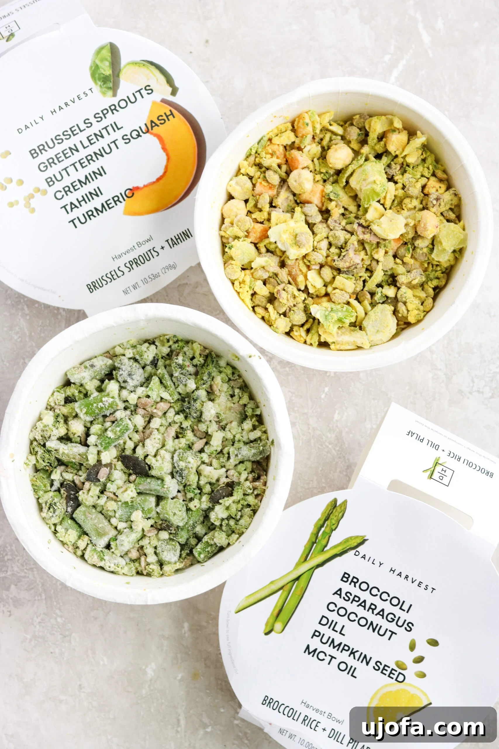 Two vibrant Daily Harvest Bowls with their lids removed, showcasing the fresh and colorful ingredients ready for preparation.