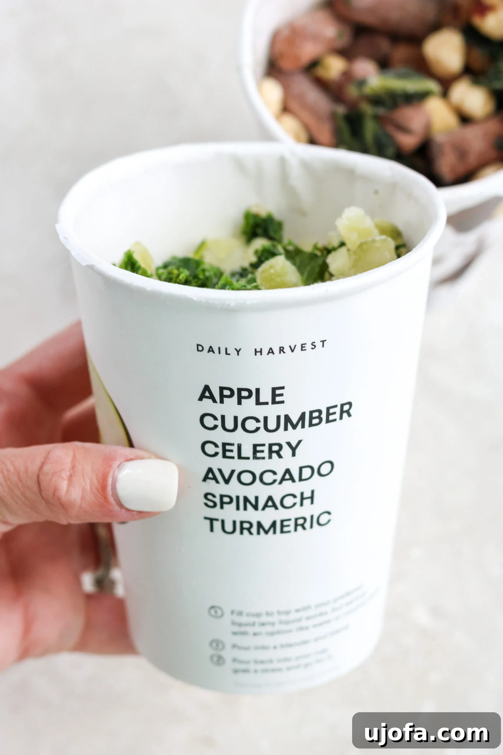 A Daily Harvest Apple and Kale smoothie in a white cup, still frozen and unblended, with its ingredients listed on the side.