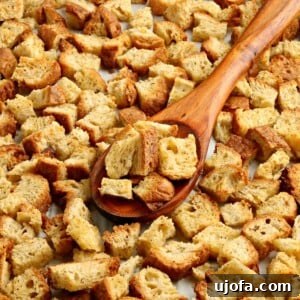Close-up of golden gluten-free croutons with a brown wooden spoon, in a serving bowl.