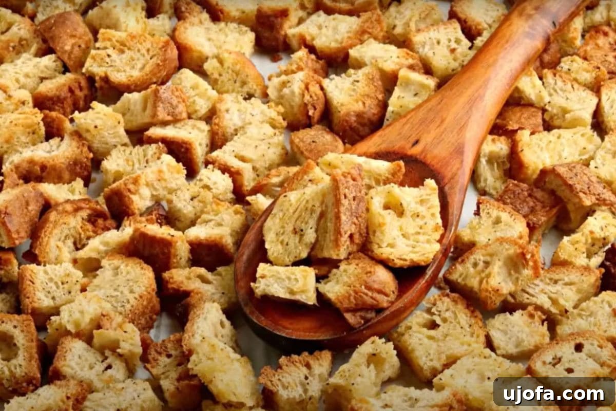 Crafting Delicious Gluten-Free Croutons 9 A wooden spoon scooping a generous handful of perfectly baked, golden-brown gluten-free croutons from a bowl, highlighting their delicious texture and readiness to be enjoyed.