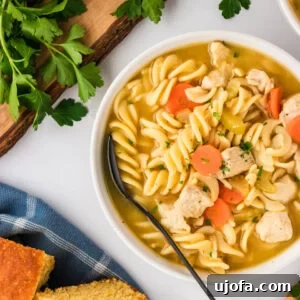 Flavorful Gluten-Free Chicken Feasts 18 A close-up of a bowl of gluten-free chicken noodle soup featuring spiral noodles, chunks of chicken, carrots, celery, and a clear broth, garnished with fresh parsley, with cornbread and parsley in the background.