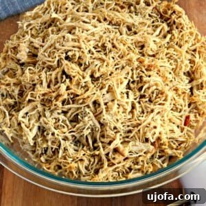 Flavorful Gluten-Free Chicken Feasts 20 A bowl of tender, perfectly seasoned rotisserie style shredded chicken, ready to be served or used in various dishes.