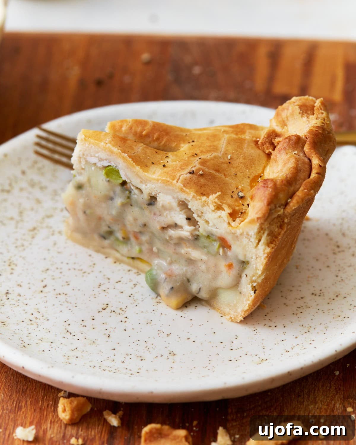 Flavorful Gluten-Free Chicken Feasts 24 A delectable slice of gluten-free chicken pot pie resting on a white speckled plate, with a fork poised behind it, inviting you to indulge.