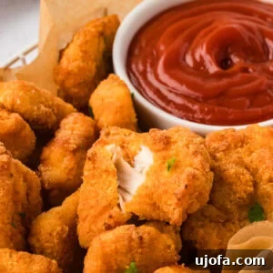 Flavorful Gluten-Free Chicken Feasts 6 Close-up of crispy gluten-free chicken nuggets in a basket with parchment paper, served with a bowl of ketchup for dipping. One nugget is broken open to show the juicy inside.