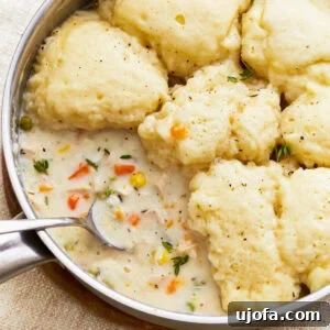Flavorful Gluten-Free Chicken Feasts 9 Close up of gluten-free chicken and dumplings, showing fluffy dumplings in a rich, creamy broth with tender chicken pieces.