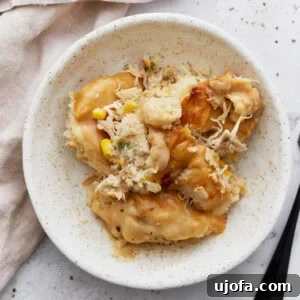 Flavorful Gluten-Free Chicken Feasts 10 A serving of gluten-free chicken and dumplings casserole on a white speckled plate with visible chunks of biscuit topping, shredded chicken, corn, and creamy sauce.