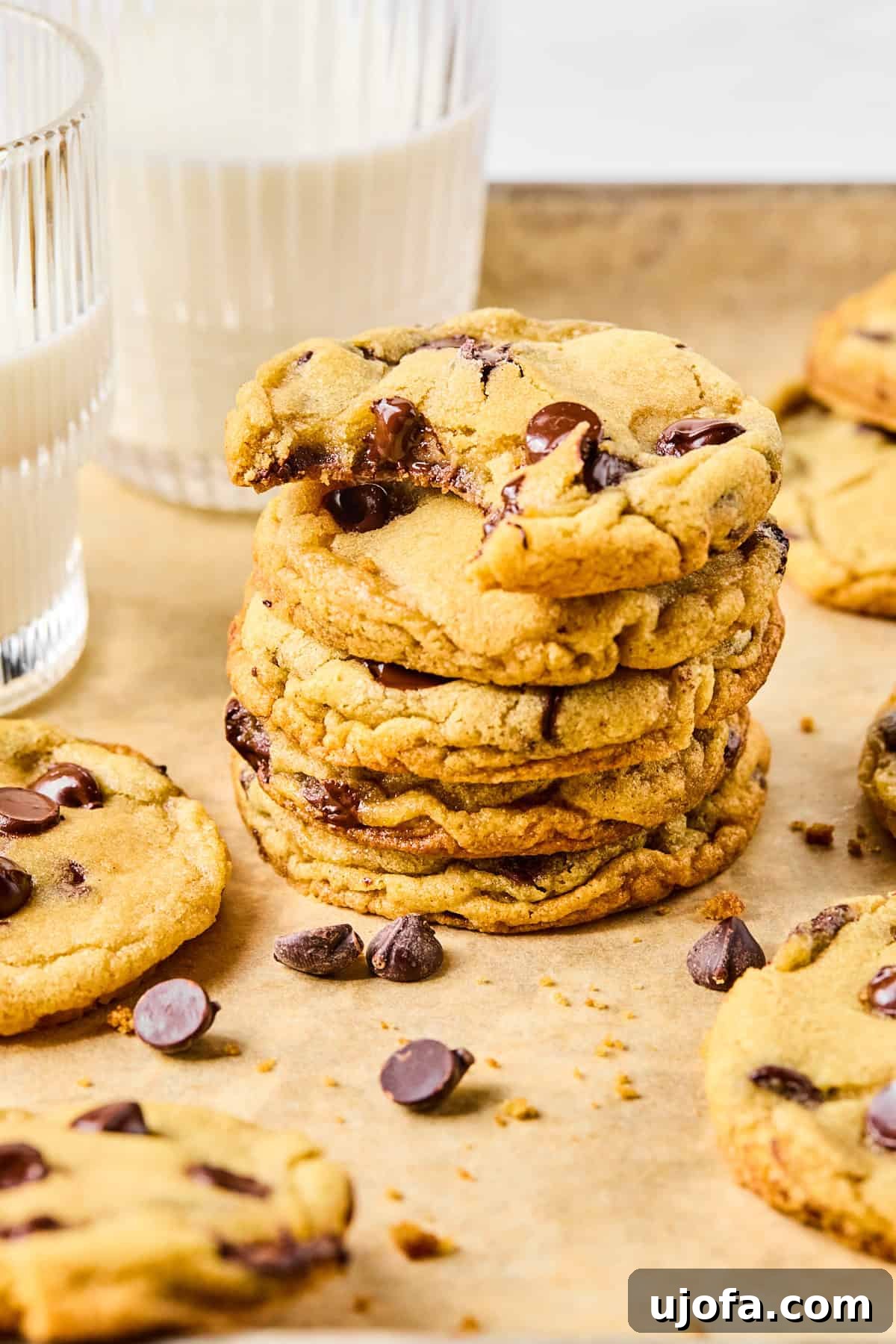 A stack of golden brown gluten-free chocolate chip cookies, with one cookie showing a bite taken out, revealing its soft interior.