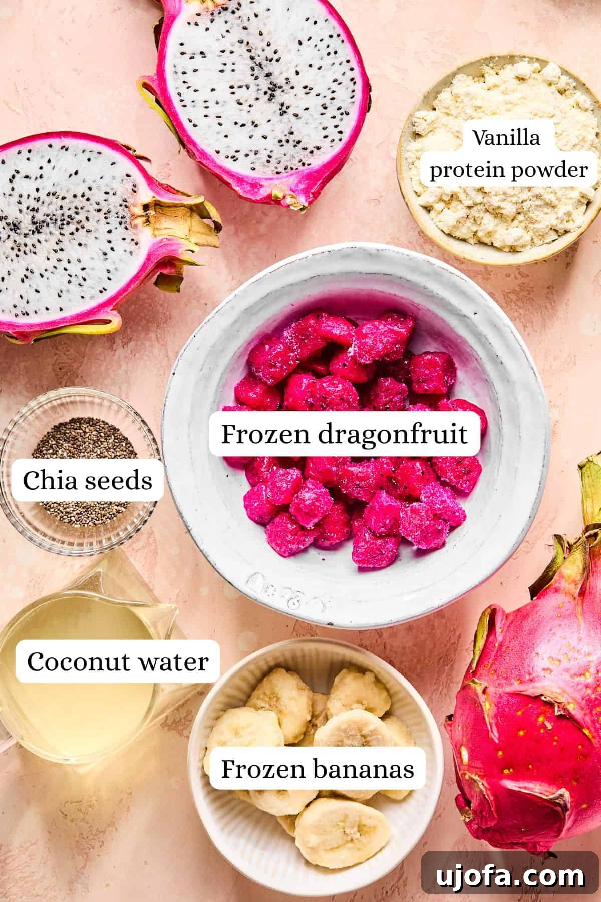Dragonfruit Power-Up Smoothie 3 Dragonfruit smoothie recipe ingredients labeled and arranged in nesting bowls.