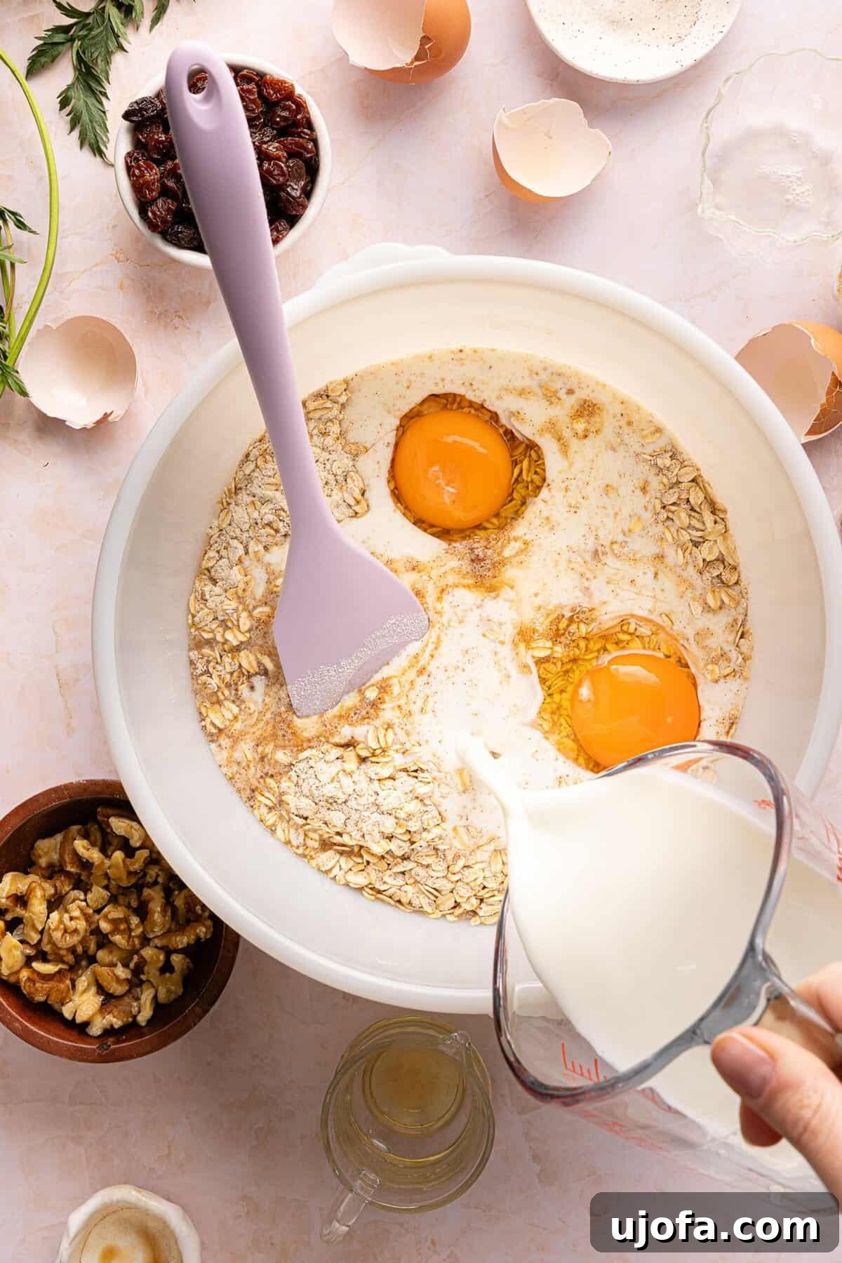 Protein-Packed Carrot Cake Oatmeal Bake 5 Eggs, egg whites, maple syrup, milk, and vanilla added to the oat mixture for carrot cake baked oats batter.