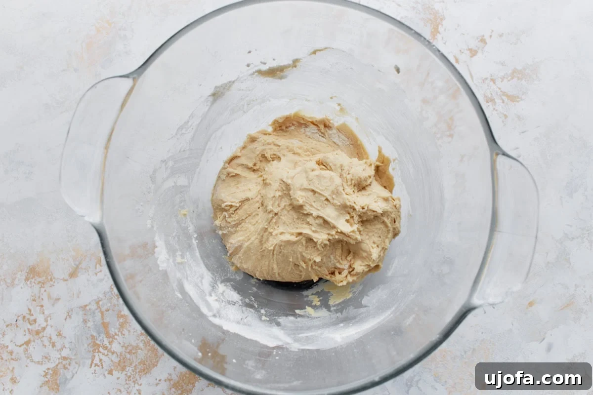 Pillowy Gluten-Free Beignets 6 Gluten-free beignet dough mixed to a sticky consistency in a glass bowl.