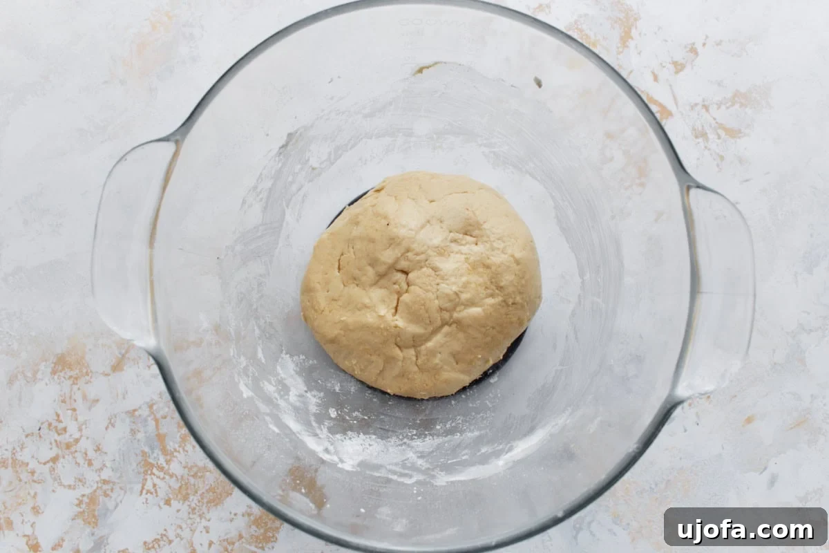 Pillowy Gluten-Free Beignets 7 Beignet dough after kneading, formed into a rough ball in a glass mixing bowl.