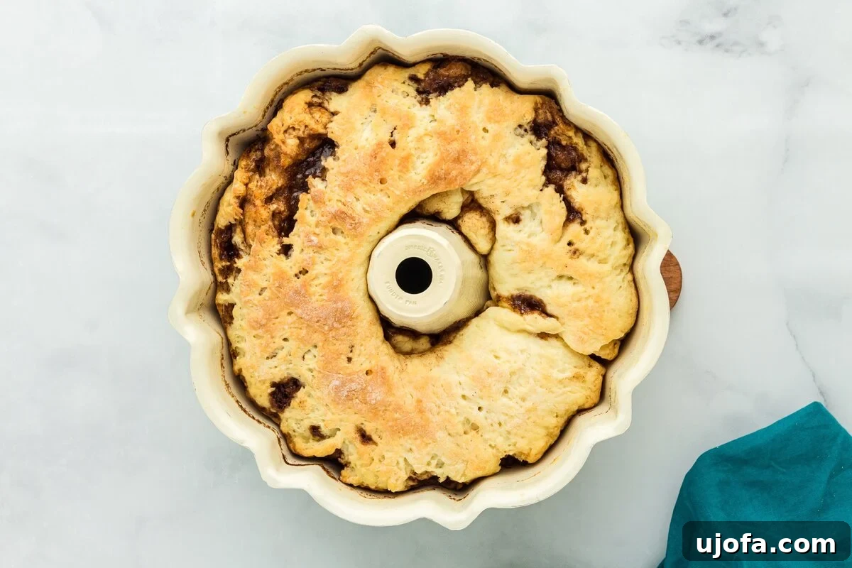 Mardi Gras Magic: Gluten-Free King Cake 15 Baked gluten free king cake in the bundt pan with golden brown edges and visible cinnamon filling.