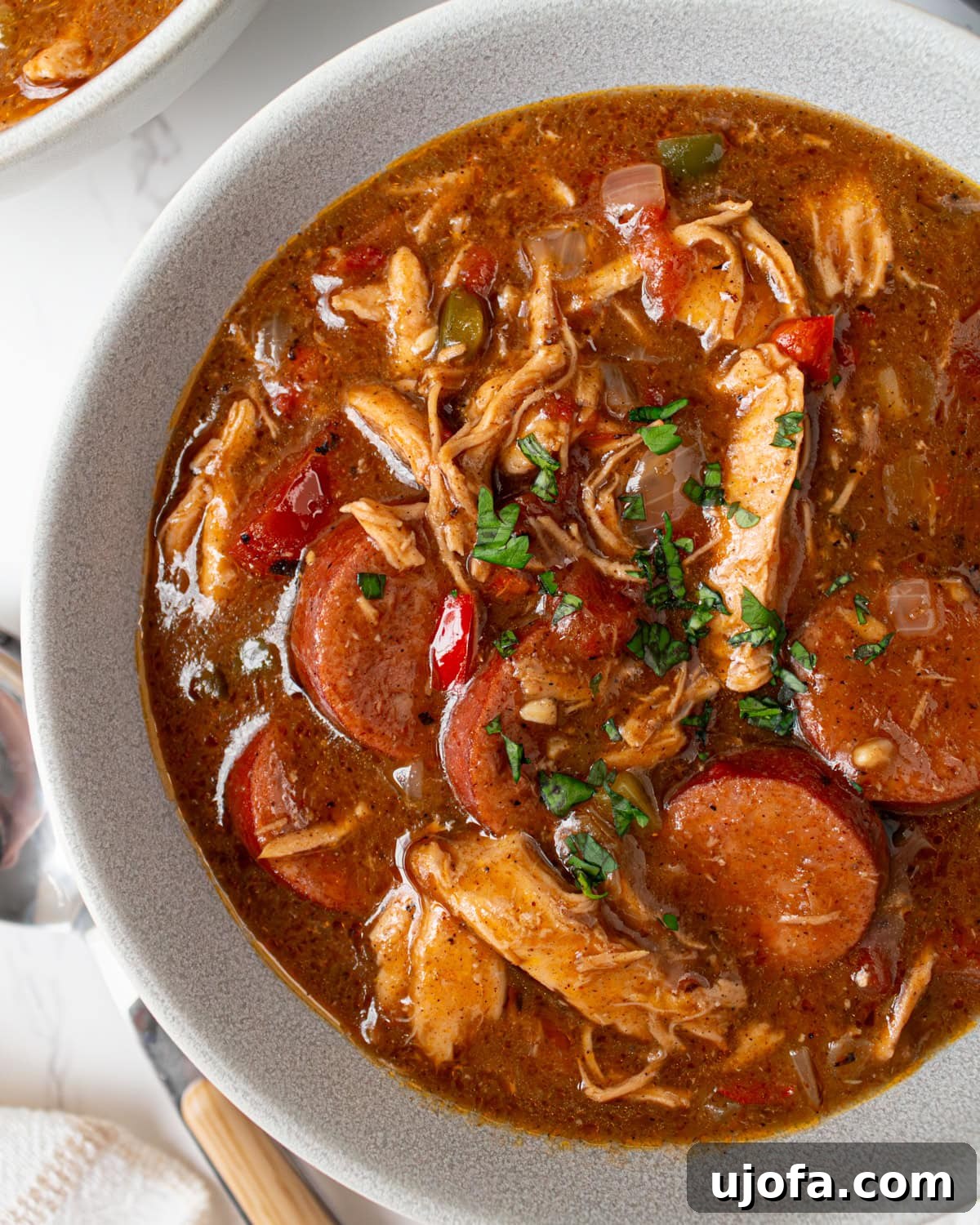 Delectable Gluten-Free Gumbo 2 Hearty bowl of gluten-free chicken and sausage gumbo, garnished with fresh parsley, highlighting the rich broth, succulent shredded chicken, and perfectly sliced andouille sausage.