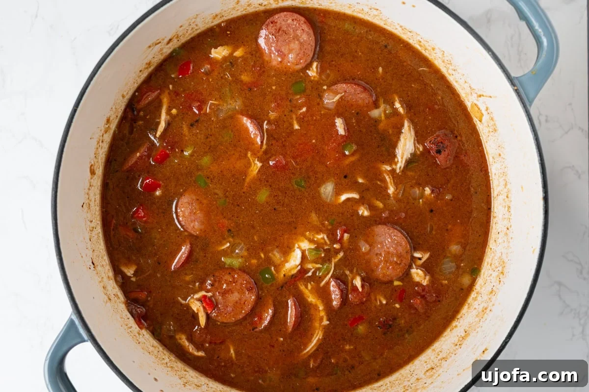 Delectable Gluten-Free Gumbo 13 The complete blend of chicken, sausage, vegetables, tomatoes, and broth in the Dutch oven, simmering to perfection and developing a deep, rich color.