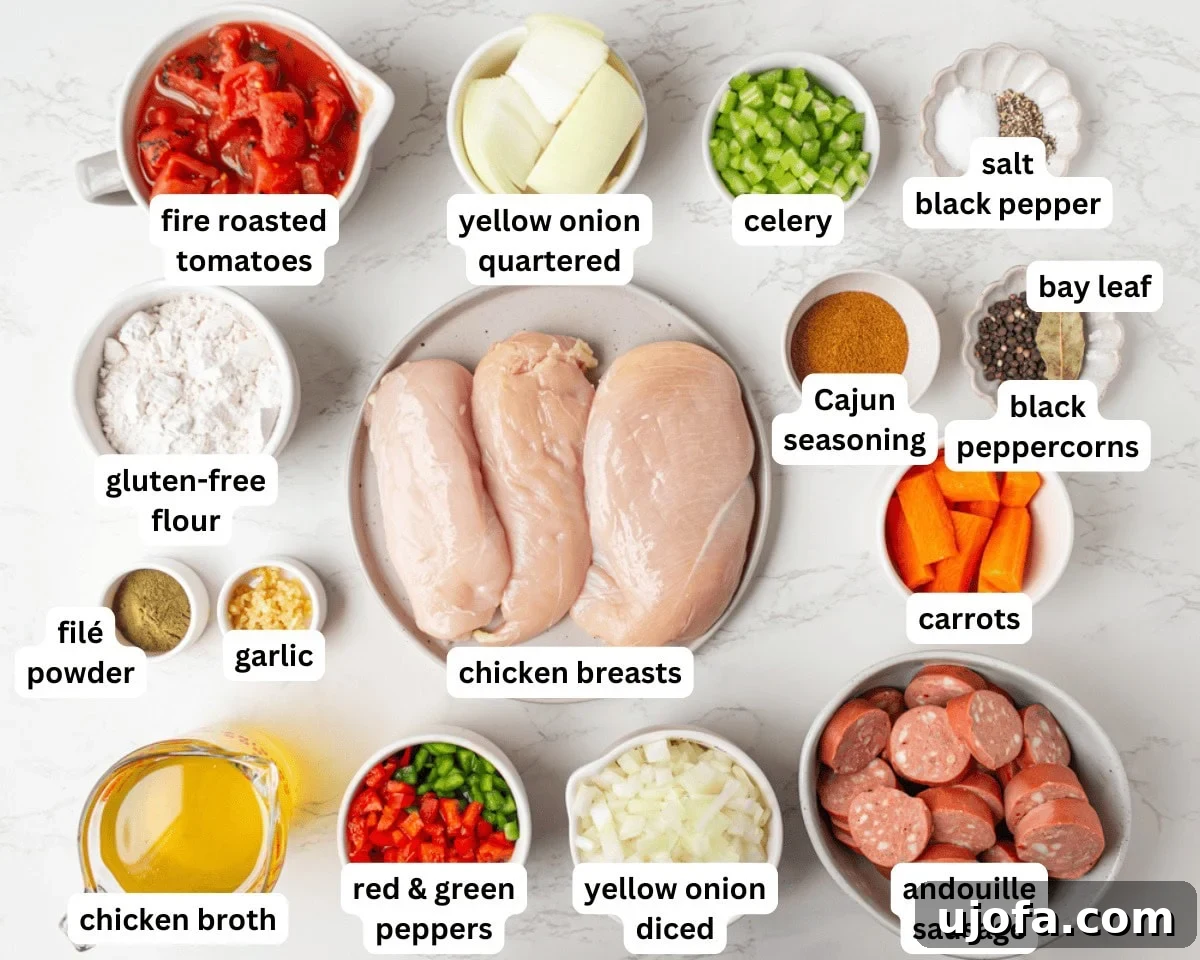 Delectable Gluten-Free Gumbo 4 A vibrant selection of fresh ingredients laid out for making gluten-free gumbo, including chicken, sausage, vegetables, and spices.