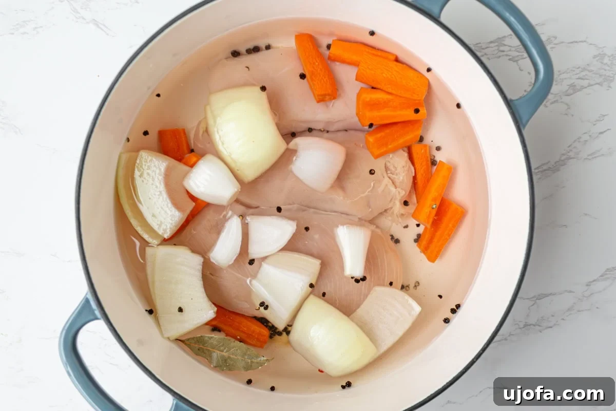 Delectable Gluten-Free Gumbo 5 Chicken breasts simmering gently in a Dutch oven with large cuts of carrot and onion, a bay leaf, and peppercorns, creating a flavorful homemade broth.