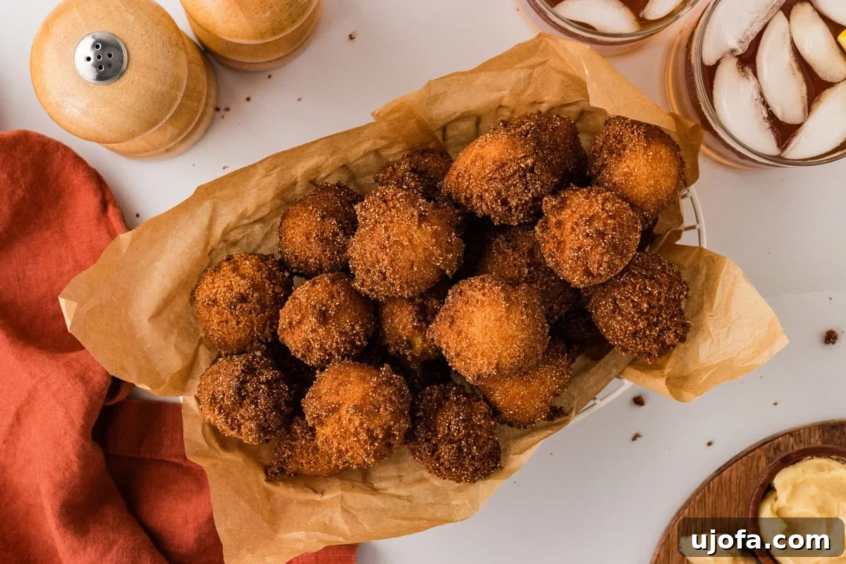 Basket lined with parchment paper filled with crispy gluten free hush puppies.