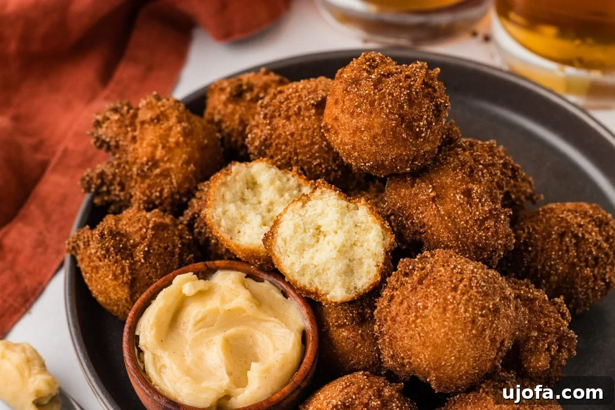 Close up of crispy gluten free hush puppies with honey butter and one broken open to show texture.
