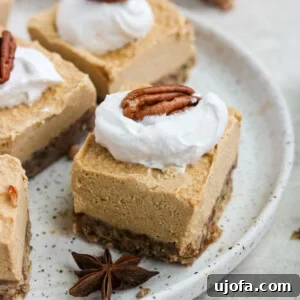 Paleo Vegan Pumpkin Cheesecake square with whipped cream and a pecan on a plate