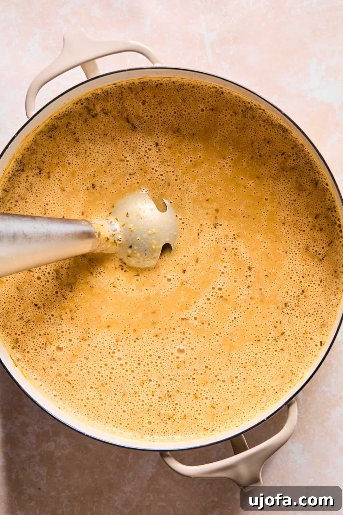 Hearty Shepherd's Pie Soup 9 Blending the soup base with an immersion blender.