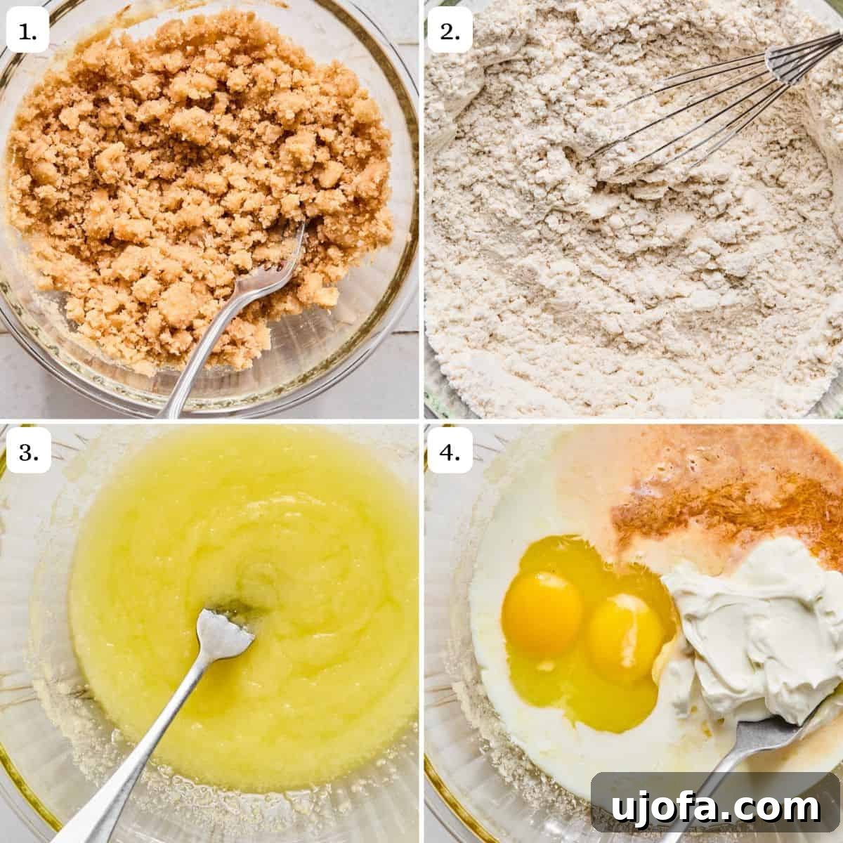 Sweet Crumb Gluten-Free Coffee Muffins 4 The first four steps of the muffin-making process, showing bowls of ingredients and mixing actions.
