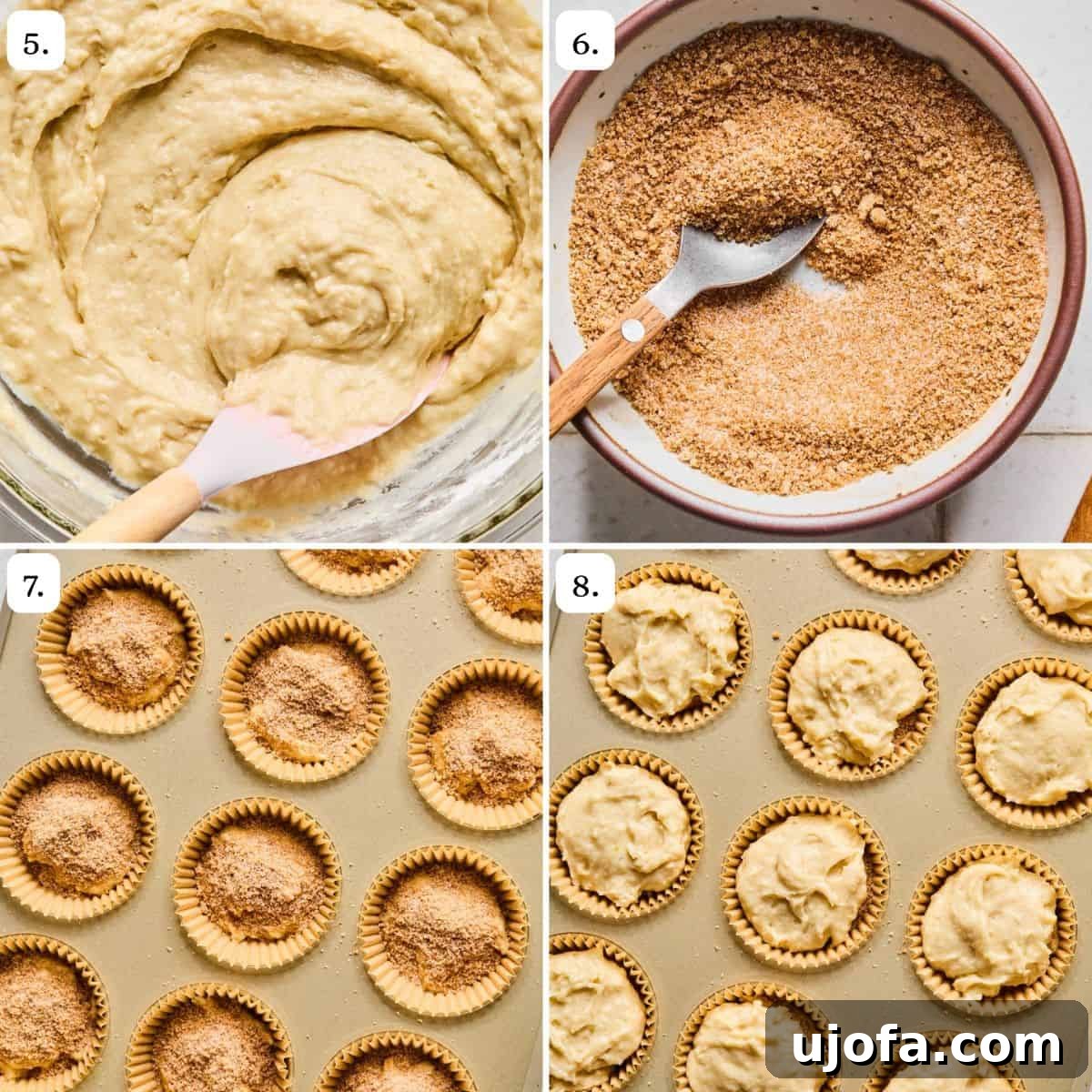 Sweet Crumb Gluten-Free Coffee Muffins 5 Steps 5-8 of the muffin preparation, showing batter being mixed, cinnamon sugar being prepared, and muffins being assembled.