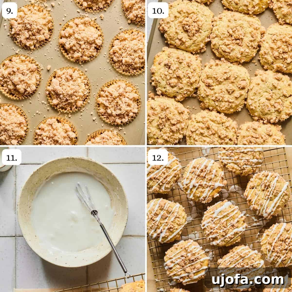 Sweet Crumb Gluten-Free Coffee Muffins 6 Steps 9-12 for finishing and glazing coffee cake muffins, showing streusel topping, baking, and drizzling with glaze.