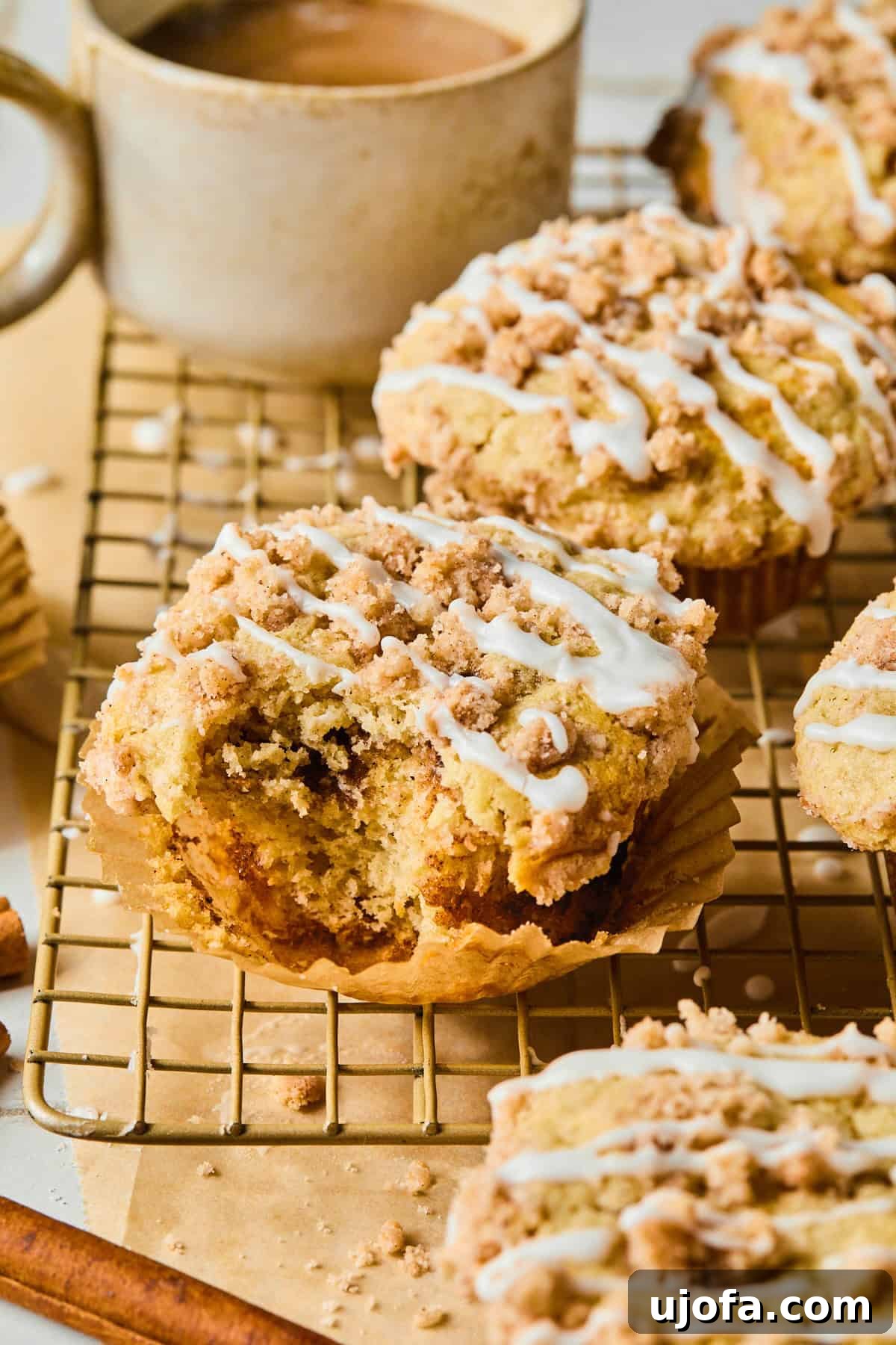 Sweet Crumb Gluten-Free Coffee Muffins 8 A close-up of a gluten-free coffee cake muffin on a cooling rack with a bite taken out, showing the soft interior and streusel.