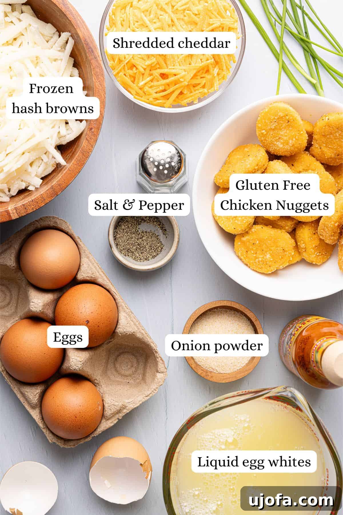 Chick-fil-A Inspired Hash Brown Breakfast Bowls 3 ingredients for chick fil a hash brown scramble bowls in nesting bowls, neatly arranged