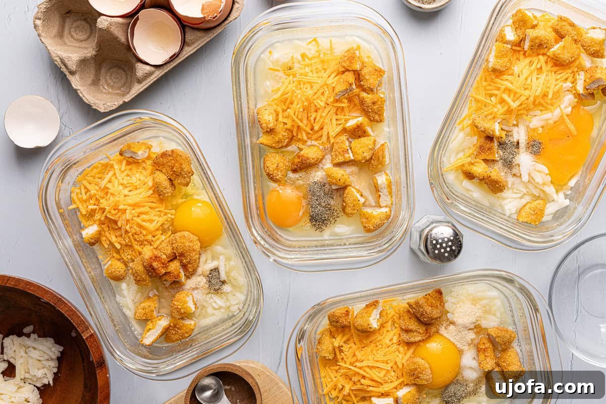 Chick-fil-A Inspired Hash Brown Breakfast Bowls 6 chicken, egg, and hash browns in meal prep containers, mixed and ready for the oven