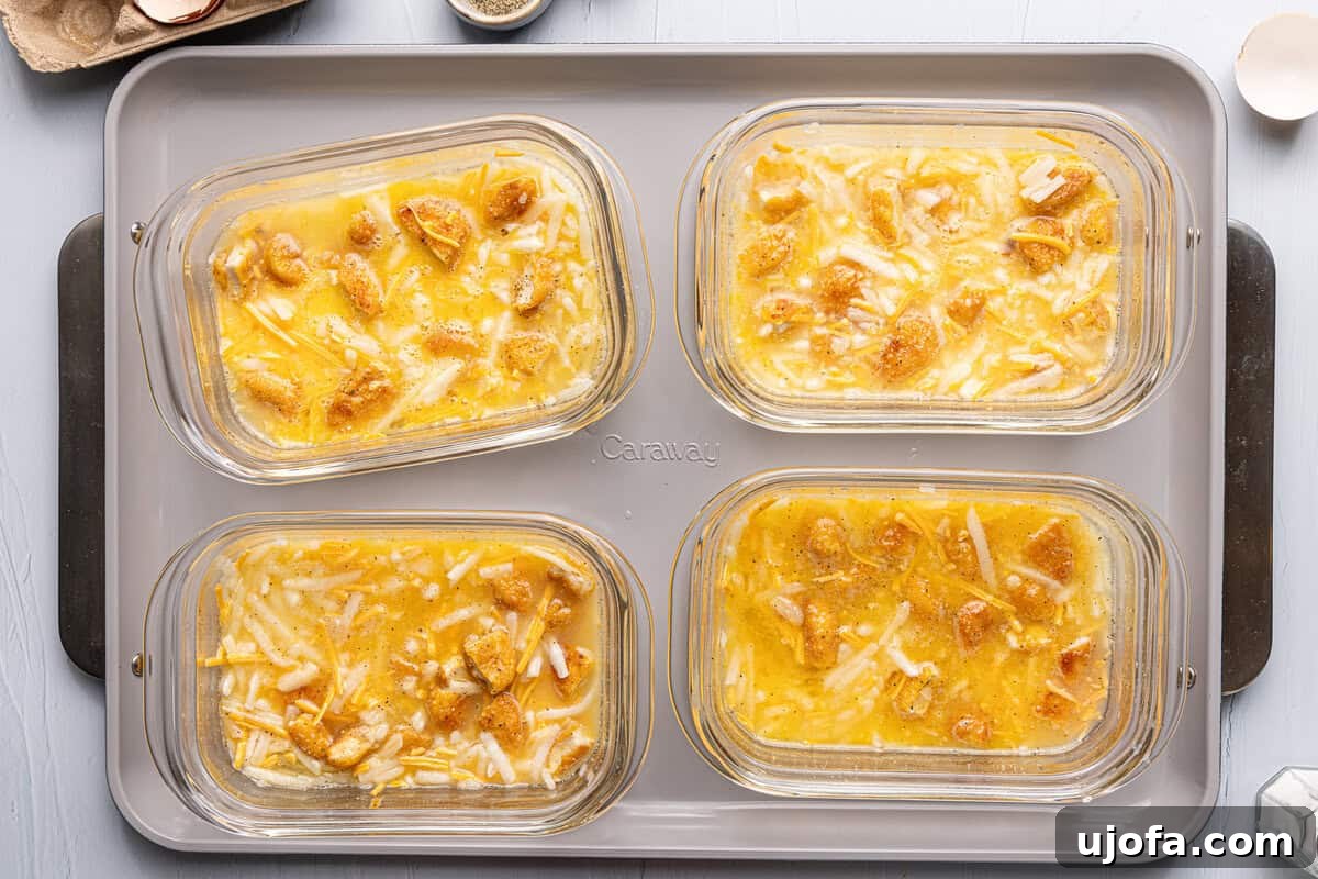 Chick-fil-A Inspired Hash Brown Breakfast Bowls 7 meal prep breakfast casseroles on a baking sheet, uncooked and ready to bake
