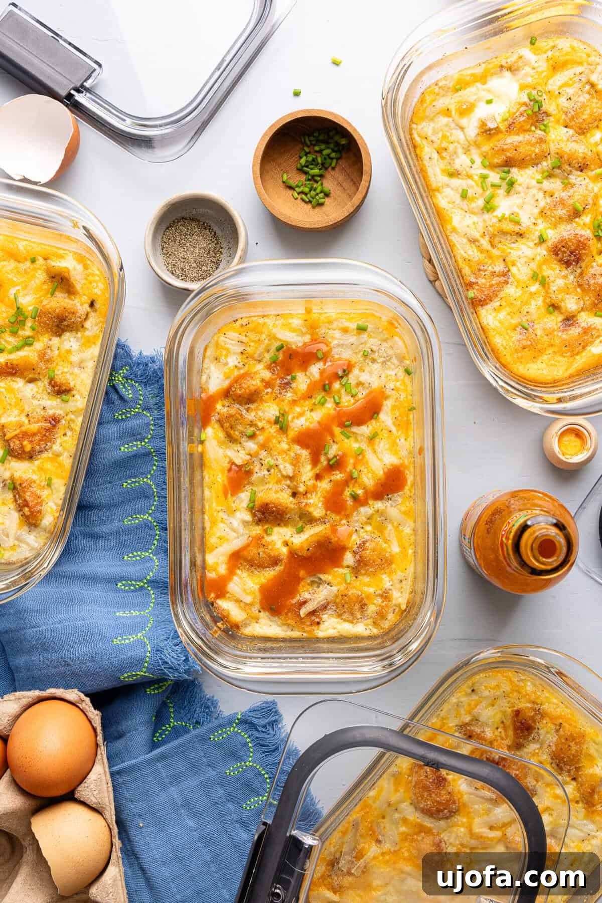 Chick-fil-A Inspired Hash Brown Breakfast Bowls 8 hash brown scramble bowls in glass containers topped with hot sauce and chives