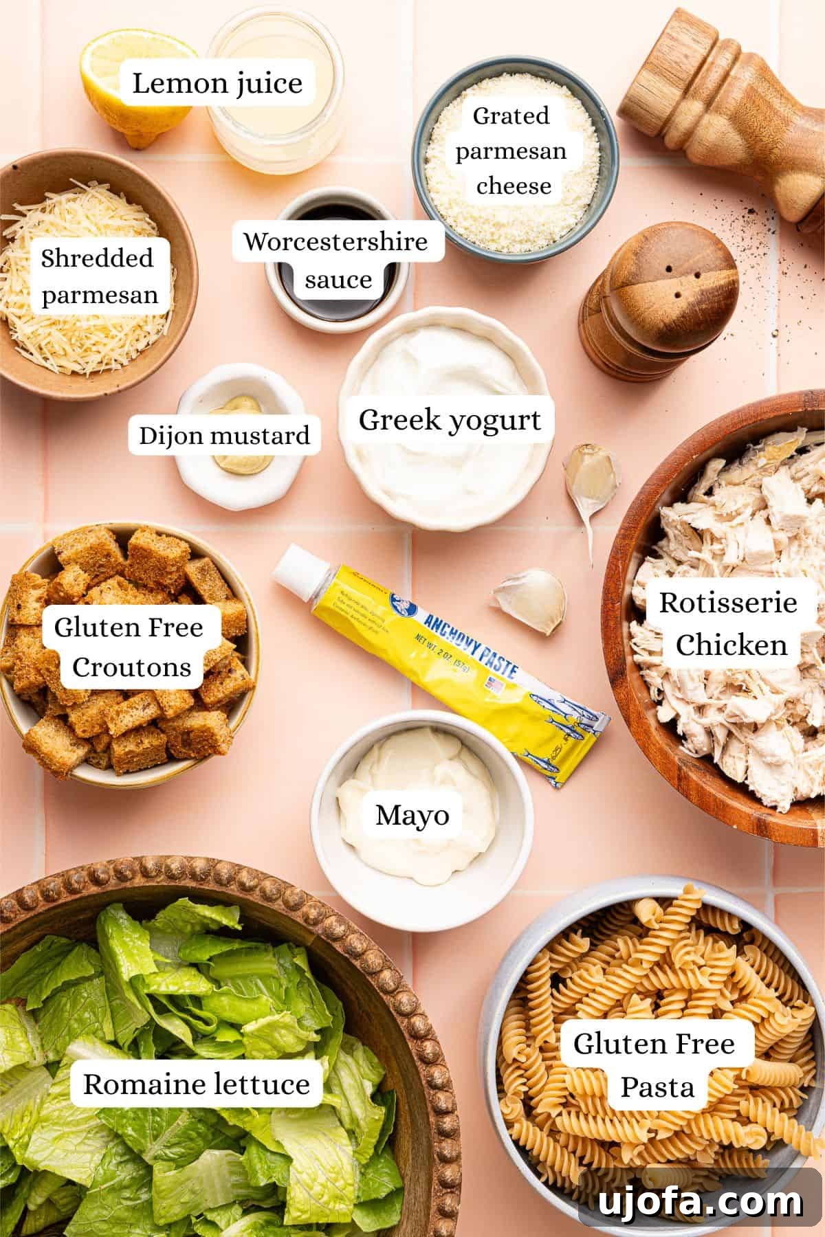 Effortless Gluten-Free Chicken Caesar Pasta Salad 3 ingredients for chicken caesar pasta salad in nesting bowls
