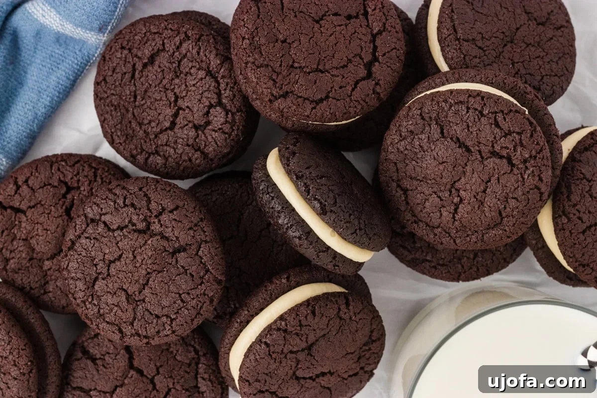 A close-up, top-down view of several gluten free chocolate sandwich cookies with vanilla cream filling, arranged on parchment paper next to a blue towel and a glass of milk.