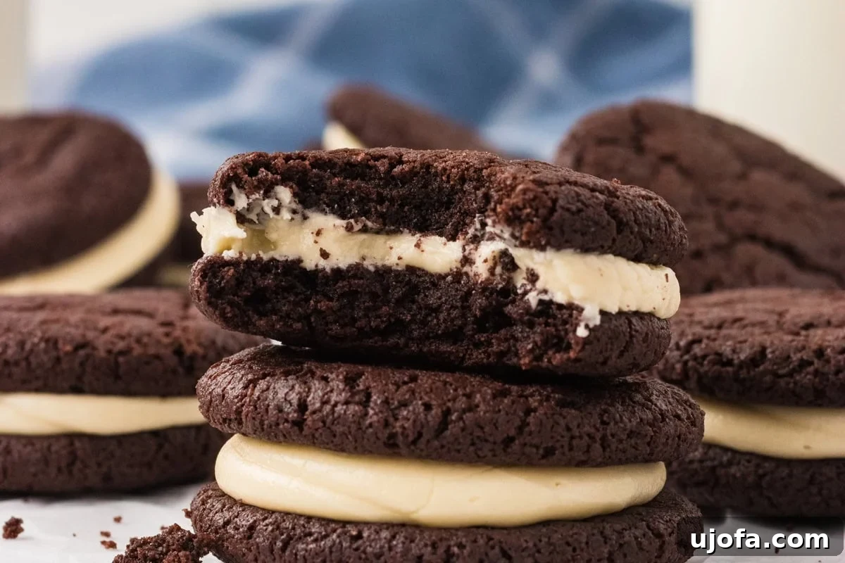 A bitten gluten free chocolate sandwich cookie stacked on top of other filled cookies, showing the soft texture and creamy vanilla marshmallow filling.