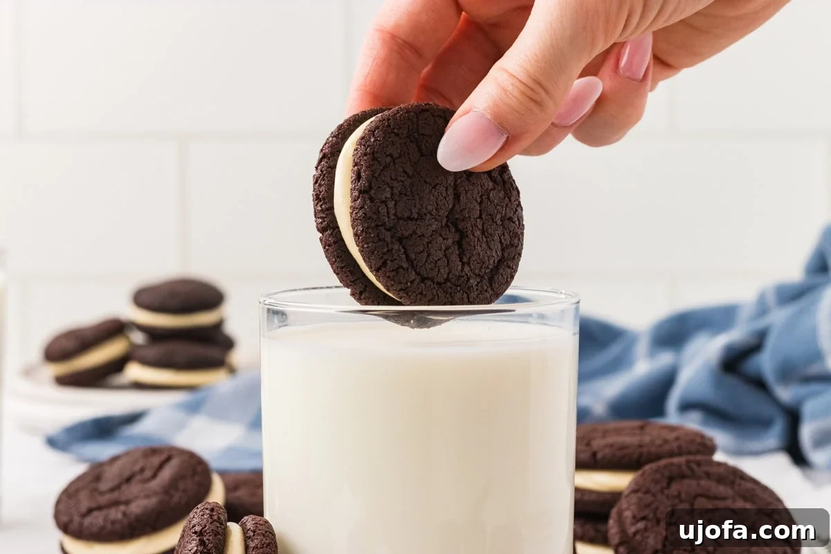 A hand dipping a homemade gluten free Oreo into a glass of milk, with more cookies and a blue checkered cloth in the background.