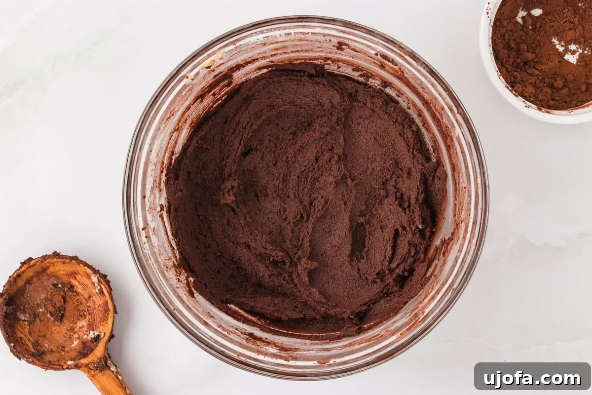Fully mixed chocolate cookie dough with a rich dark color in a glass bowl, ready to be portioned.