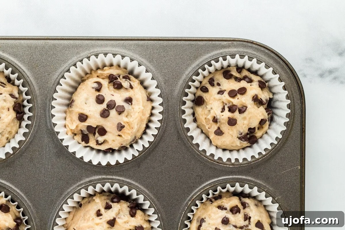 A close-up view of raw muffin batter in a lined muffin tin, with visible chocolate chips on the surface, emphasizing its readiness for baking.