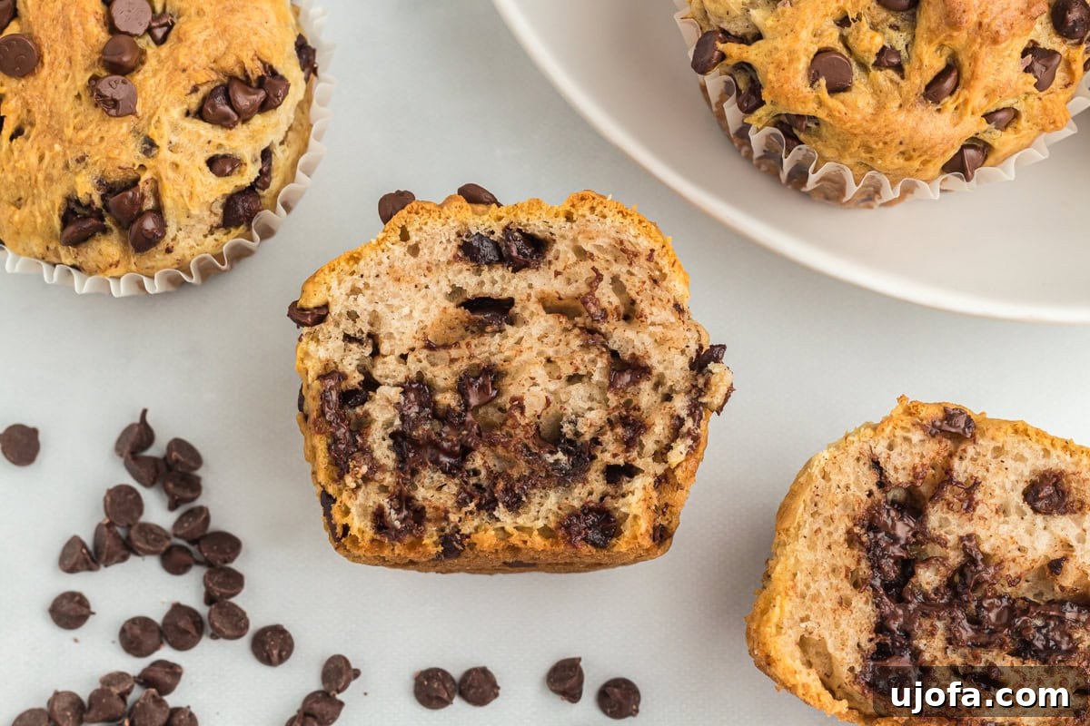 An inviting overhead view of several halved gluten-free chocolate chip muffins, showcasing their soft, fluffy texture and an abundance of perfectly melted chocolate chips. Scattered chocolate chips adorn the clean white surface around them.