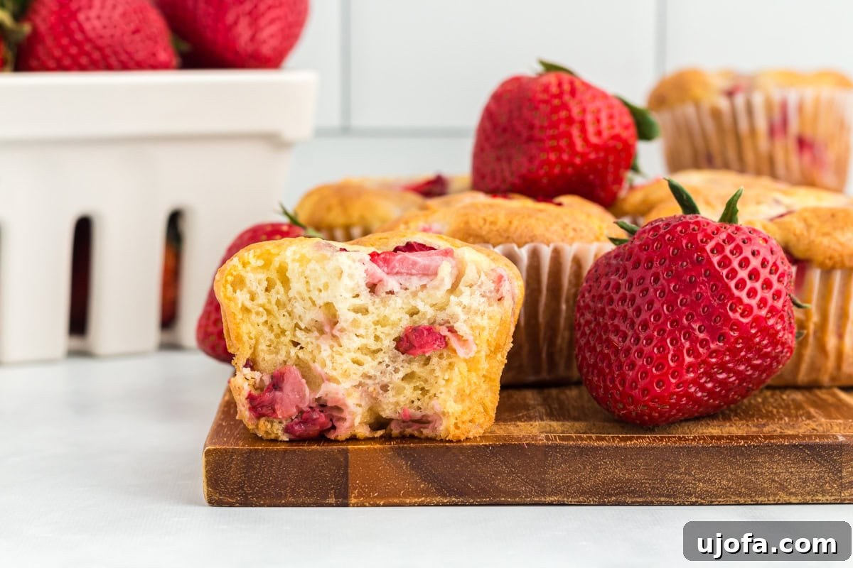 A close-up of a perfectly baked gluten-free strawberry muffin with a small bite taken out, revealing its incredibly fluffy interior and abundant chunks of fresh strawberries. The muffin is placed on a rustic white surface, surrounded by whole fresh strawberries and additional muffins blurred in the background, creating an appetizing scene.