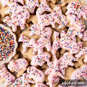 A beautifully arranged plate of gluten-free animal crackers, some featuring a cheerful pink candy coating and vibrant rainbow sprinkles. A small dish of additional sprinkles is ready for more decorating.